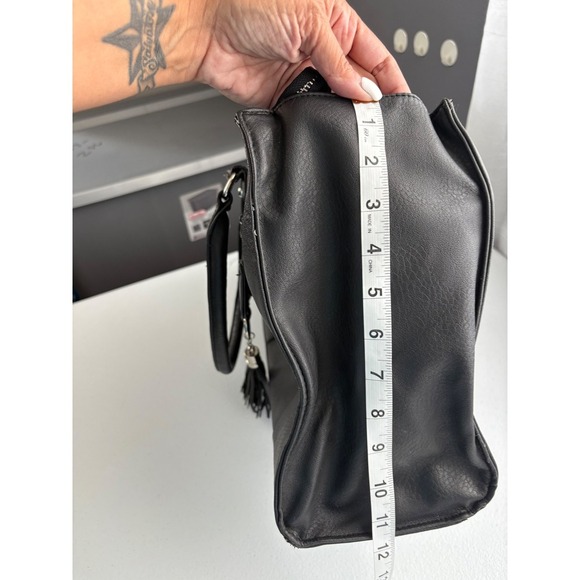 Charming Charlie Black Faux Leather Satchel Purse Tote Handbag Tassel - Picture 10 of 15